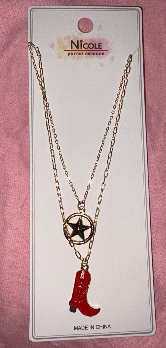 Nicole Purest Essence Western Layered Star and Red Cowgirl Boot Necklace